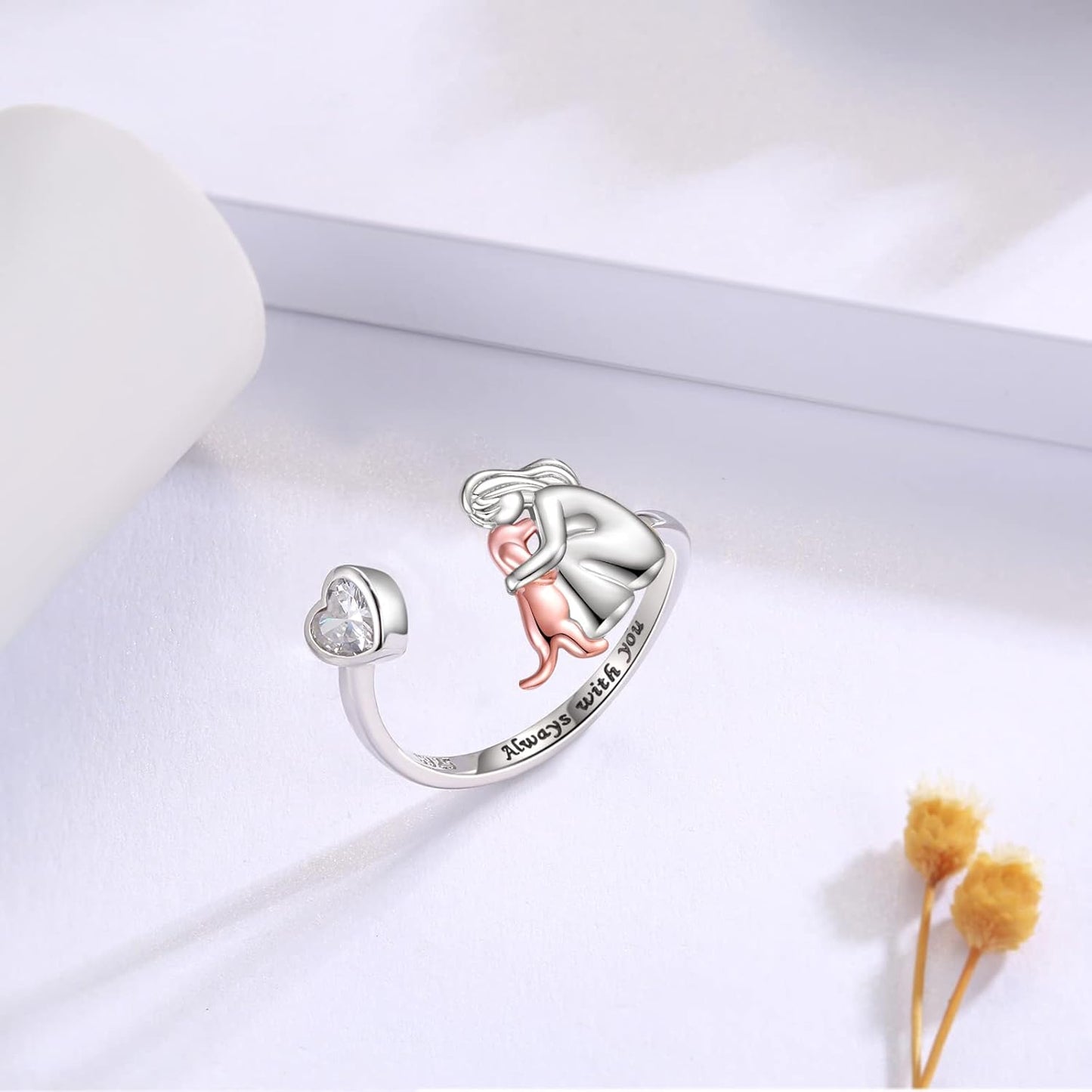 Adjustable Dog Ring in 925 Sterling Silver – “Always in My Heart†with Zirconia