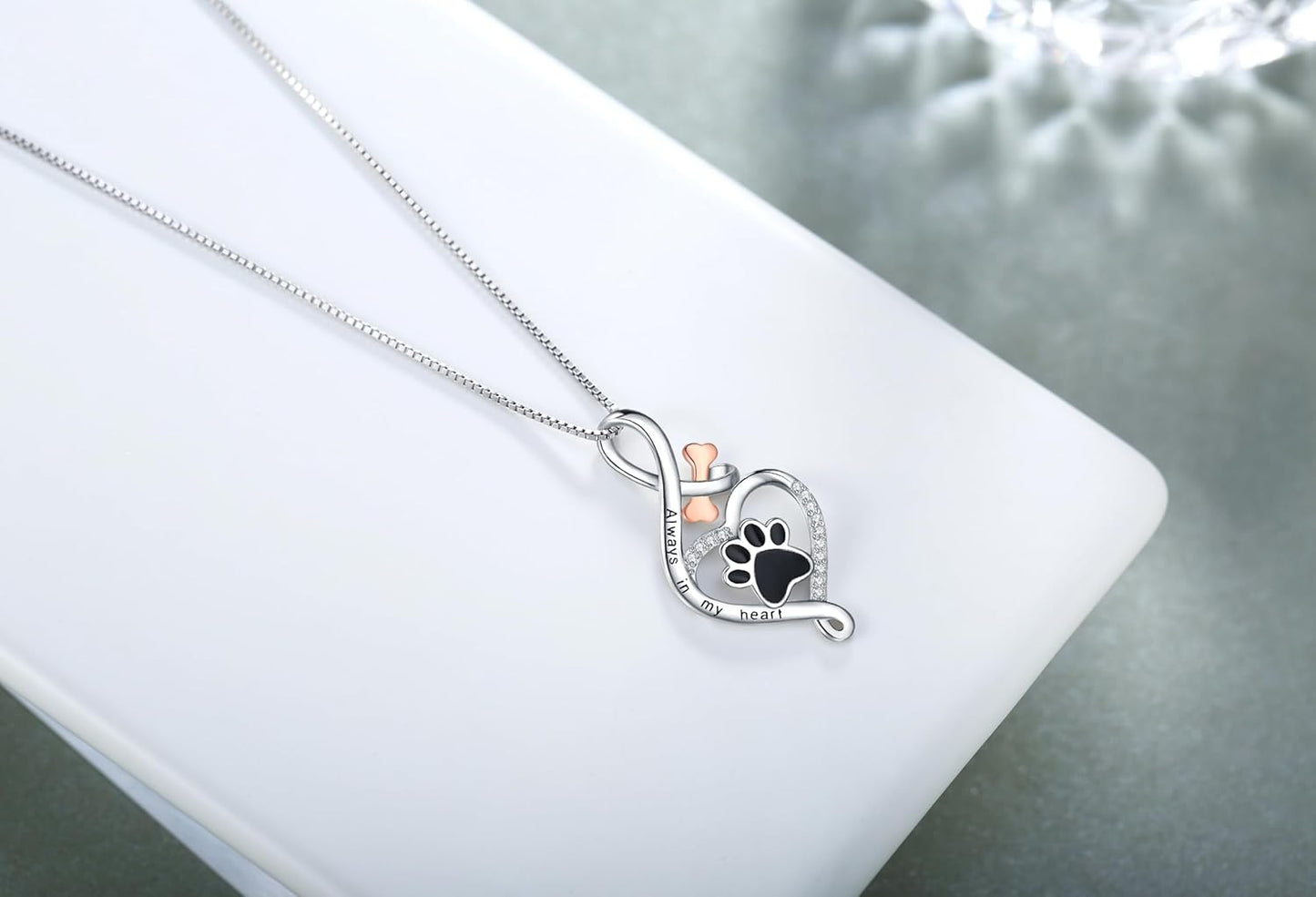 Lucky Paw Necklace with Heart, Bone & Infinity – “Always in My Heart†Pendant