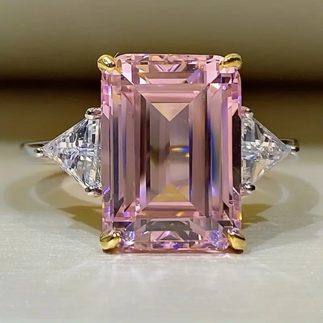 Pink Cubic Glass Silver Ring