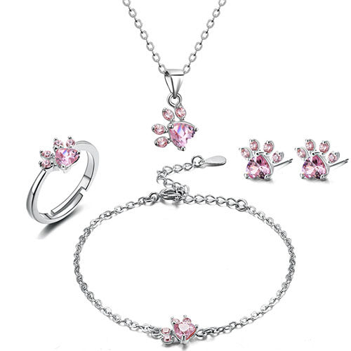 Rose Gold Paw Jewelry Set ÃƒÂ¢Ã¢â€šÂ¬Ã¢â‚¬Å“ 4 Pieces with Zirconia Heart (Ring, Necklace, Earrings, Bracelet)