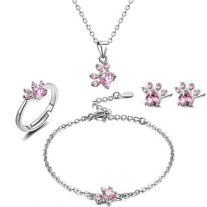 Rose Gold Paw Jewelry Set ÃƒÂ¢Ã¢â€šÂ¬Ã¢â‚¬Å“ 4 Pieces with Zirconia Heart (Ring, Necklace, Earrings, Bracelet)