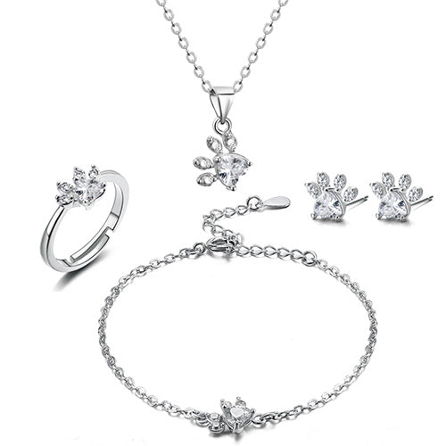 Rose Gold Paw Jewelry Set ÃƒÂ¢Ã¢â€šÂ¬Ã¢â‚¬Å“ 4 Pieces with Zirconia Heart (Ring, Necklace, Earrings, Bracelet)