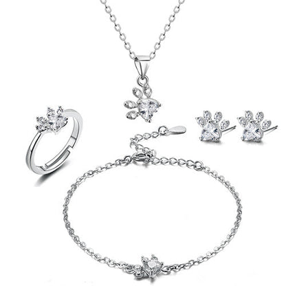 Rose Gold Paw Jewelry Set ÃƒÂ¢Ã¢â€šÂ¬Ã¢â‚¬Å“ 4 Pieces with Zirconia Heart (Ring, Necklace, Earrings, Bracelet)