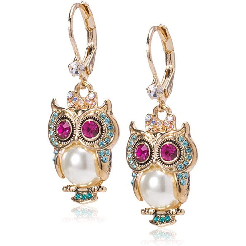 Vintage Owl Crystal Earrings ÃƒÂ¢Ã¢â€šÂ¬Ã¢â‚¬Å“ Gold-Plated, Hand-Set Crystals & Pearl Detail