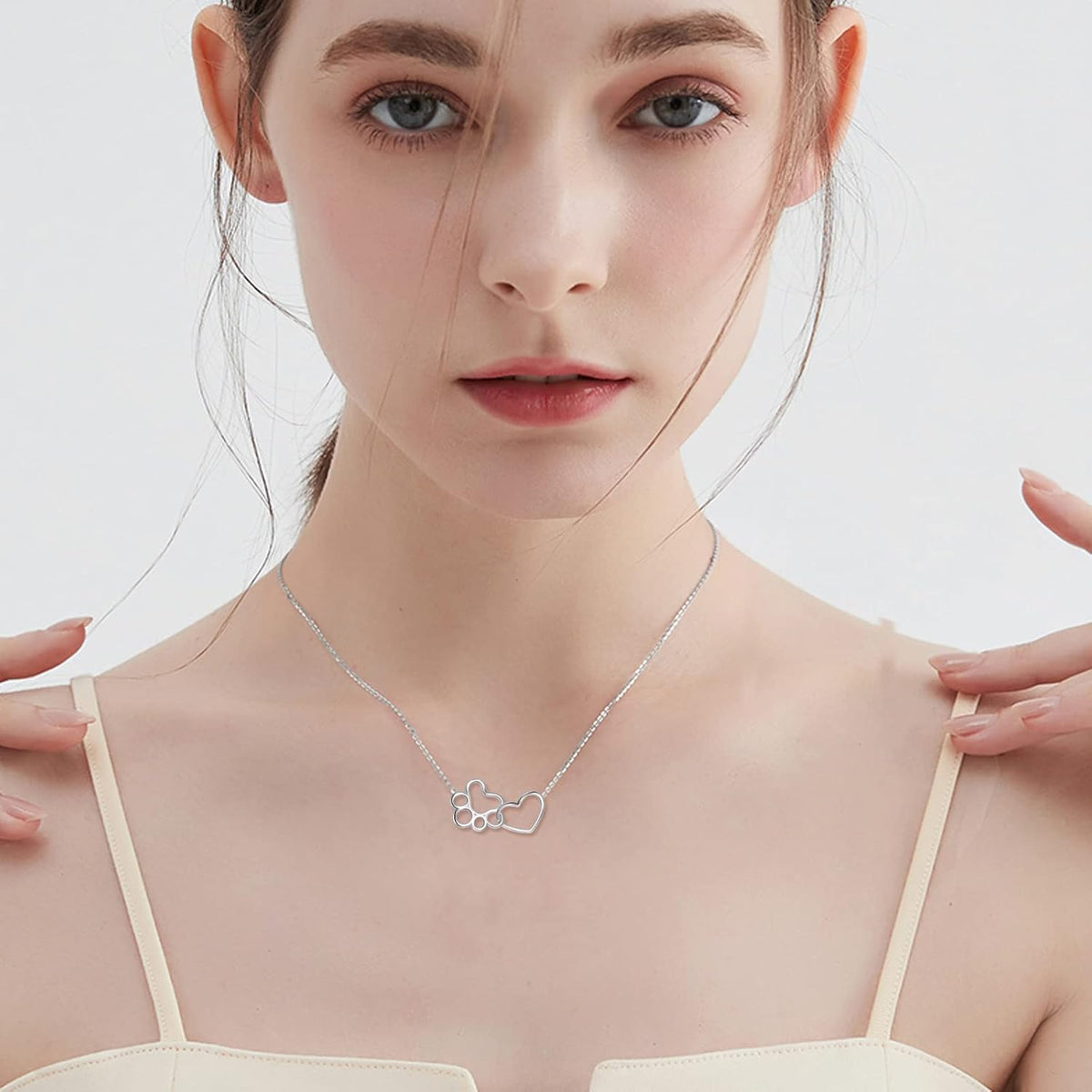 Sterling Silver Paw Print Necklace Ã¢â‚¬â€œ Heart Crystal Pendant
