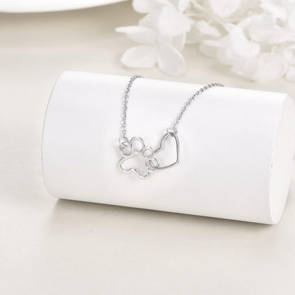 Sterling Silver Paw Print Necklace Ã¢â‚¬â€œ Heart Crystal Pendant