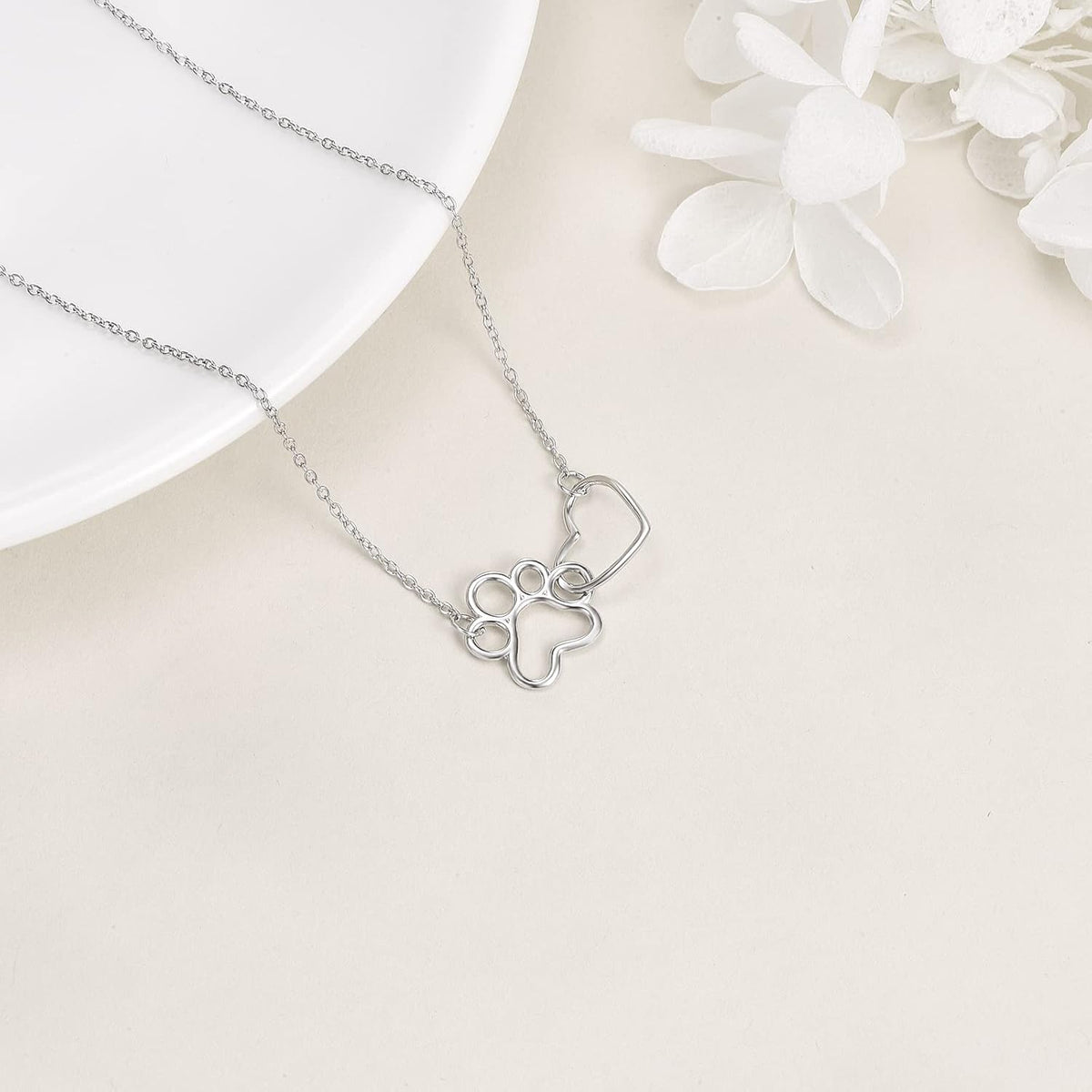 Sterling Silver Paw Print Necklace Ã¢â‚¬â€œ Heart Crystal Pendant