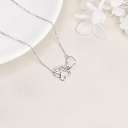 Sterling Silver Paw Print Necklace Ã¢â‚¬â€œ Heart Crystal Pendant