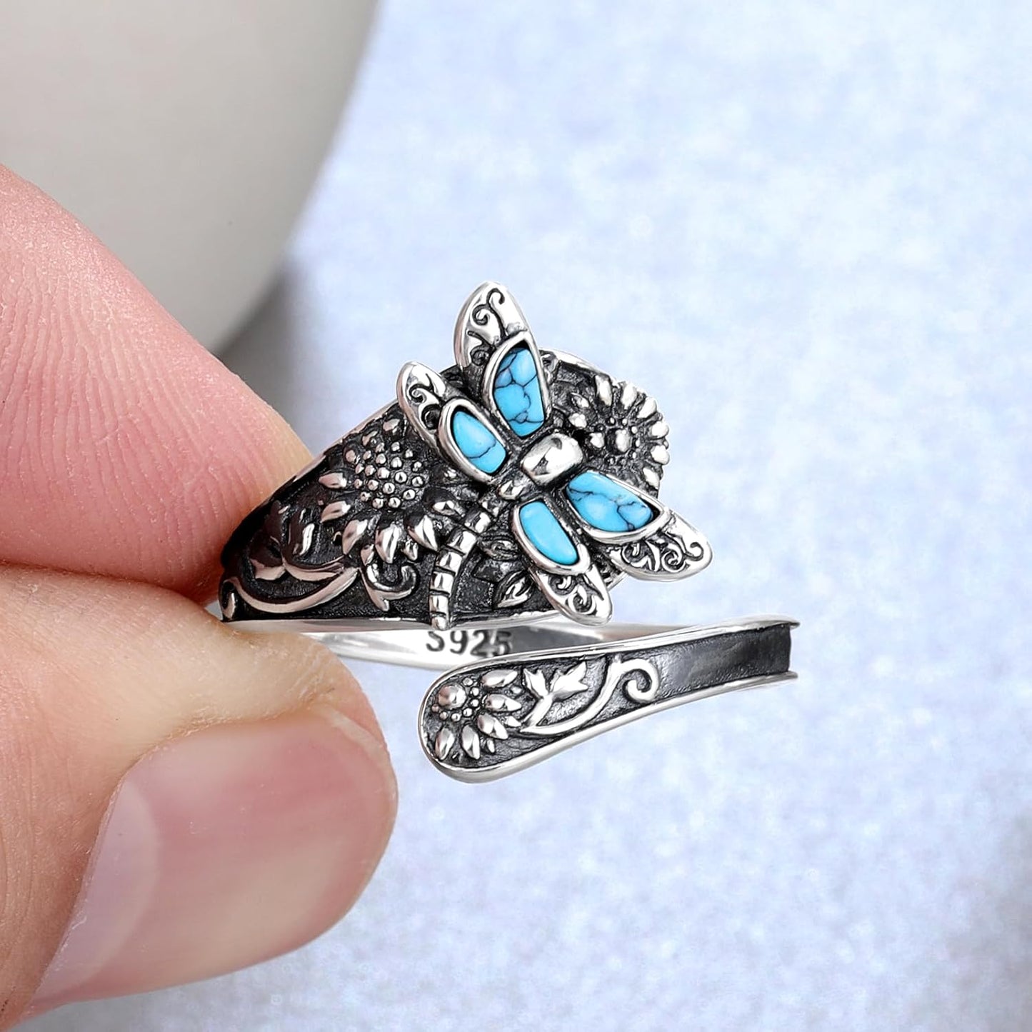 Sterling Silver Turquoise Spoon Ring Ã¢â‚¬â€œ Vintage Boho Wrap Ring with Dragonfly