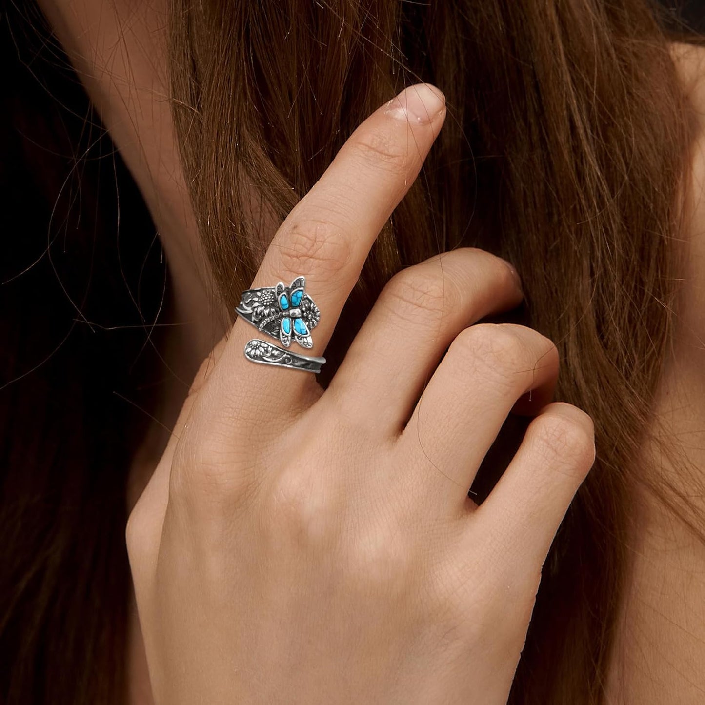 Sterling Silver Turquoise Spoon Ring Ã¢â‚¬â€œ Vintage Boho Wrap Ring with Dragonfly