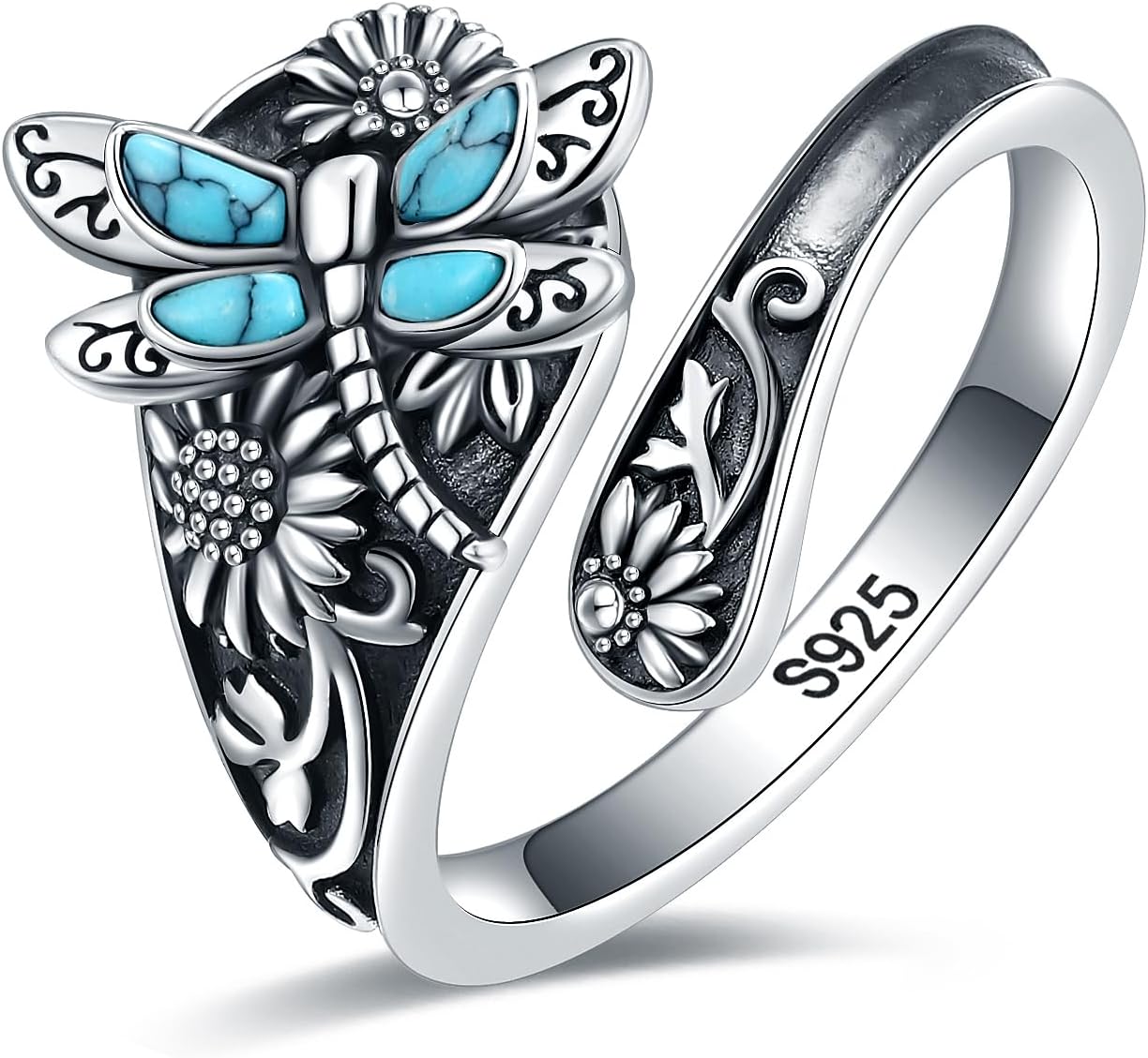 Sterling Silver Turquoise Spoon Ring Ã¢â‚¬â€œ Vintage Boho Wrap Ring with Dragonfly