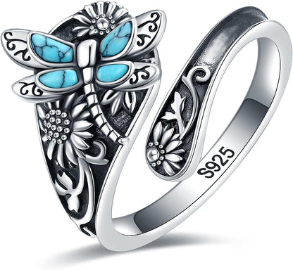 Sterling Silver Turquoise Spoon Ring Ã¢â‚¬â€œ Vintage Boho Wrap Ring with Dragonfly