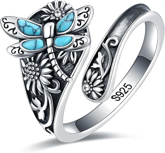 Sterling Silver Turquoise Spoon Ring Ã¢â‚¬â€œ Vintage Boho Wrap Ring with Dragonfly