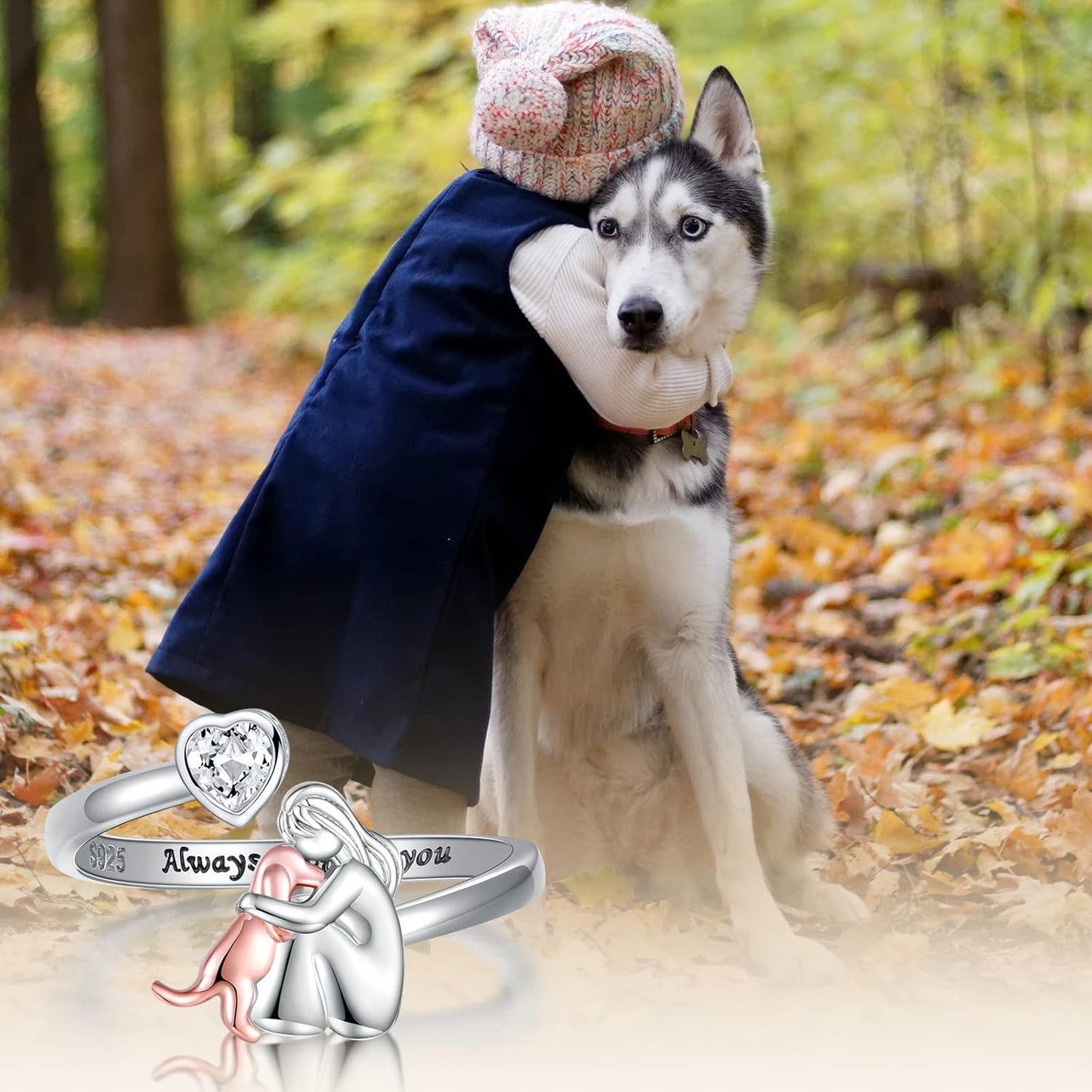 Adjustable Dog Ring in 925 Sterling Silver Ã¢â‚¬â€œ Ã¢â‚¬Å“Always in My HeartÃ¢â‚¬Â with Zirconia