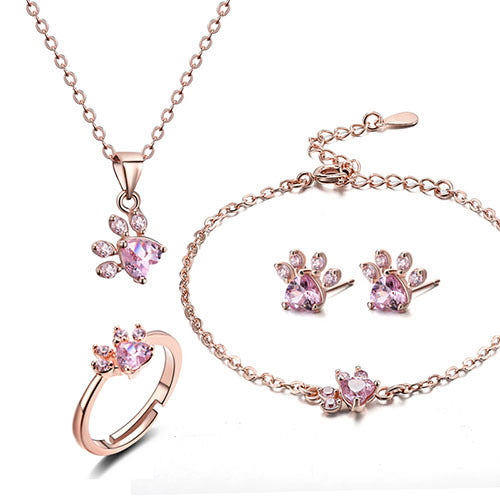 Rose Gold Paw Jewelry Set ÃƒÂ¢Ã¢â€šÂ¬Ã¢â‚¬Å“ 4 Pieces with Zirconia Heart (Ring, Necklace, Earrings, Bracelet)