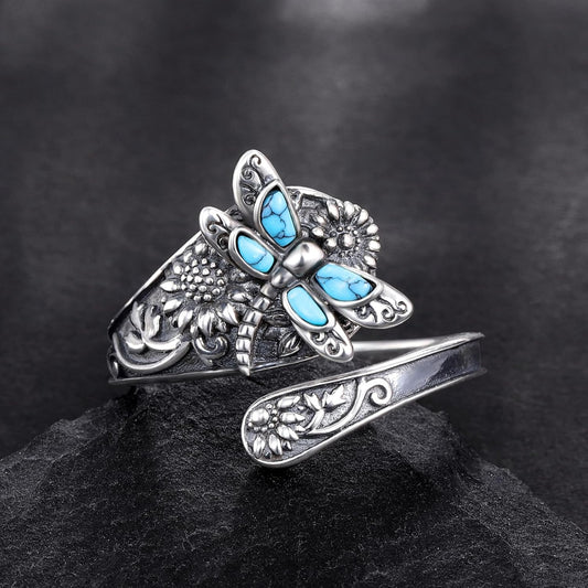 Sterling Silver Turquoise Spoon Ring Ã¢â‚¬â€œ Vintage Boho Wrap Ring with Dragonfly