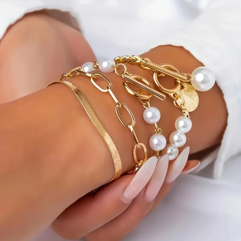 Chic Gold 4-Piece Bracelet Set ÃƒÂ¢Ã¢â€šÂ¬Ã¢â‚¬Å“ Snake, Pearls & Links | Gold
