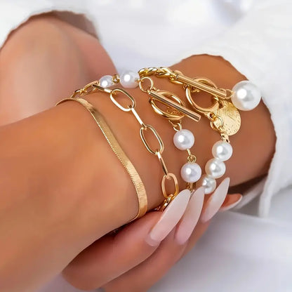 Chic Gold 4-Piece Bracelet Set ÃƒÂ¢Ã¢â€šÂ¬Ã¢â‚¬Å“ Snake, Pearls & Links | Gold
