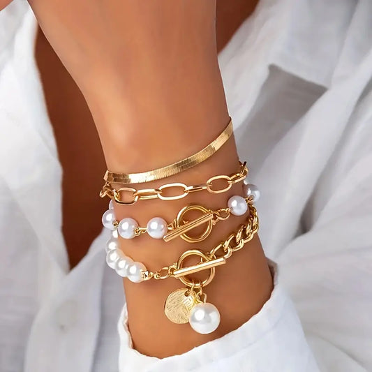 Chic Gold 4-Piece Bracelet Set â€“ Snake, Pearls & Links | Gold