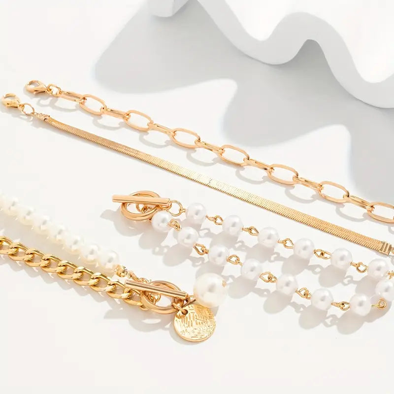 Chic Gold 4-Piece Bracelet Set ÃƒÂ¢Ã¢â€šÂ¬Ã¢â‚¬Å“ Snake, Pearls & Links | Gold