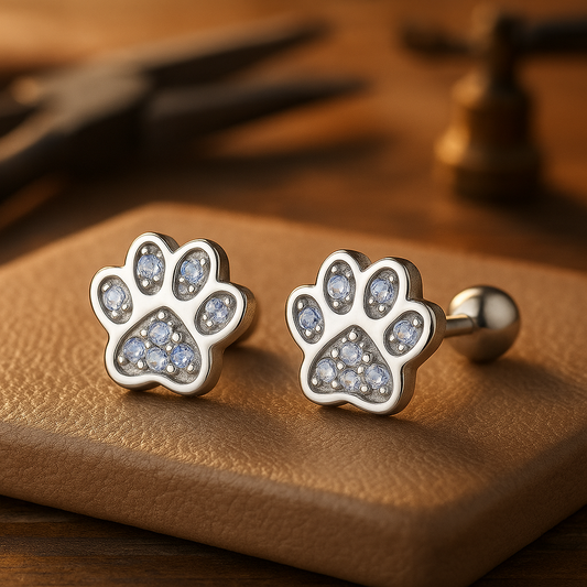 Sterling Silver Paw Print Stud Earrings Ã¢â‚¬â€œ Crystal Accent
