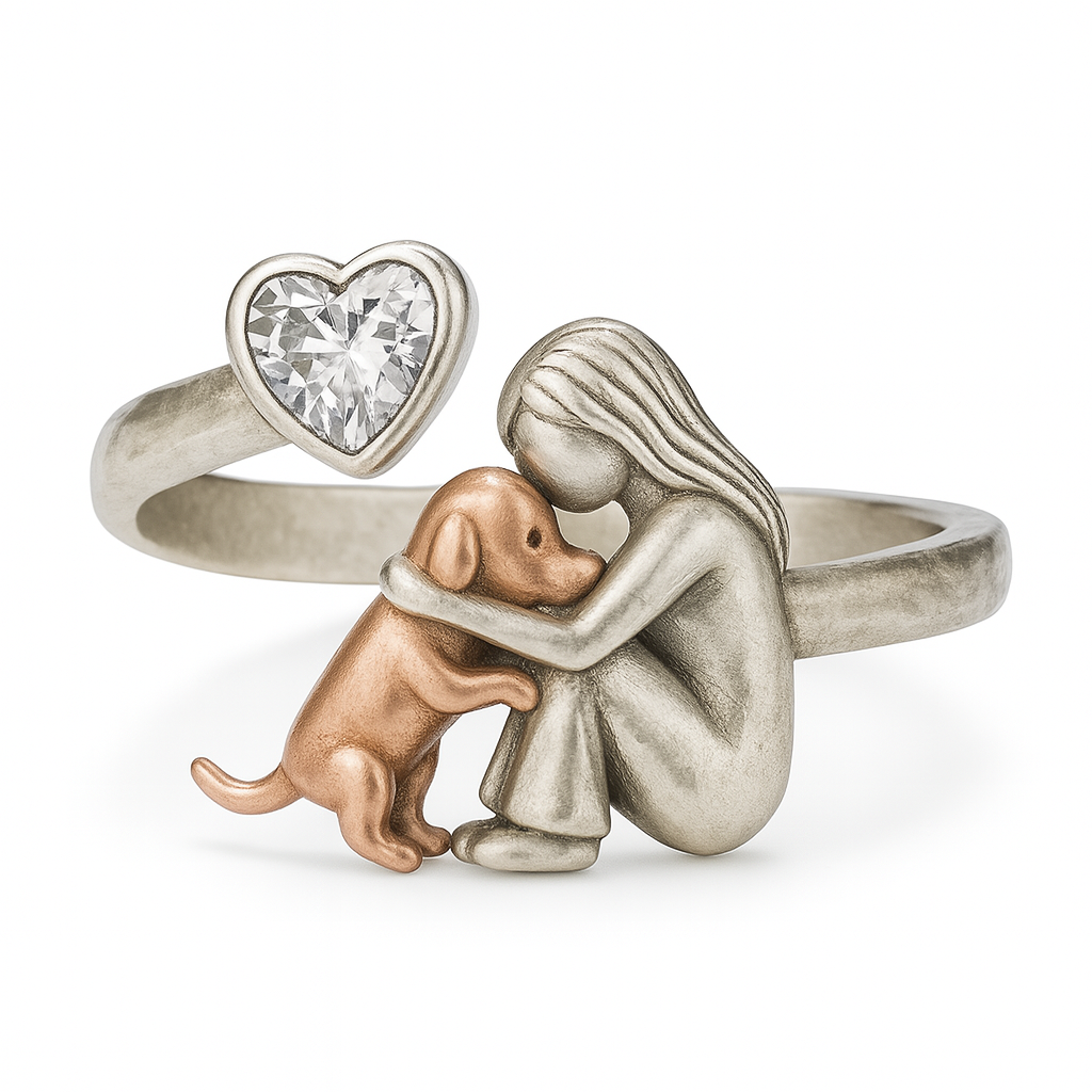 Handcrafted 925 Sterling Silver Dog Ring with Heart-Shaped Zirconia Ã¢â‚¬â€œ Adjustable Fit
