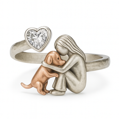 Handcrafted 925 Sterling Silver Dog Ring with Heart-Shaped Zirconia Ã¢â‚¬â€œ Adjustable Fit