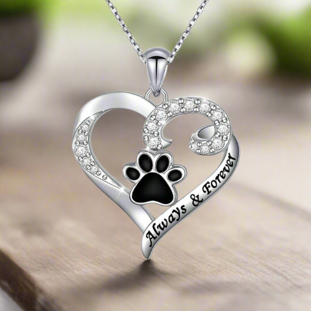 Dog Paw Necklace Ã¢â‚¬â€œ Heart Design in Stainless Steel with Zirconia