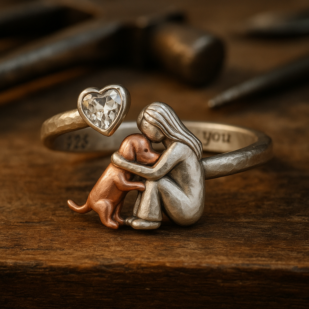 Handcrafted 925 Sterling Silver Dog Ring with Heart-Shaped Zirconia Ã¢â‚¬â€œ Adjustable Fit