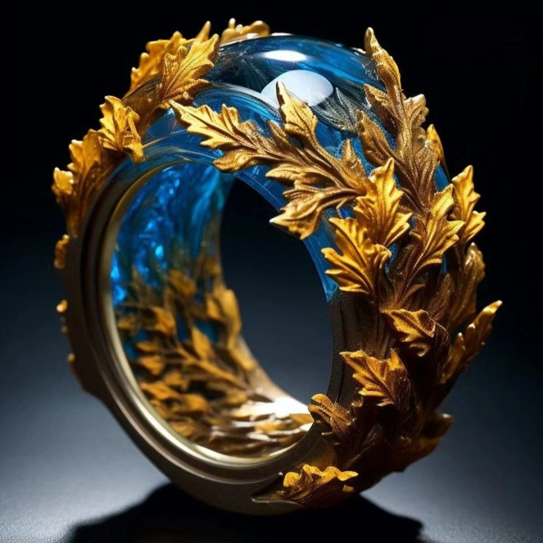 Exotic Blue Golden Leaf Ring