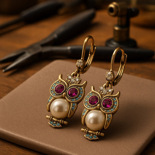 Vintage Owl Crystal Earrings ÃƒÂ¢Ã¢â€šÂ¬Ã¢â‚¬Å“ Gold-Plated, Hand-Set Crystals & Pearl Detail