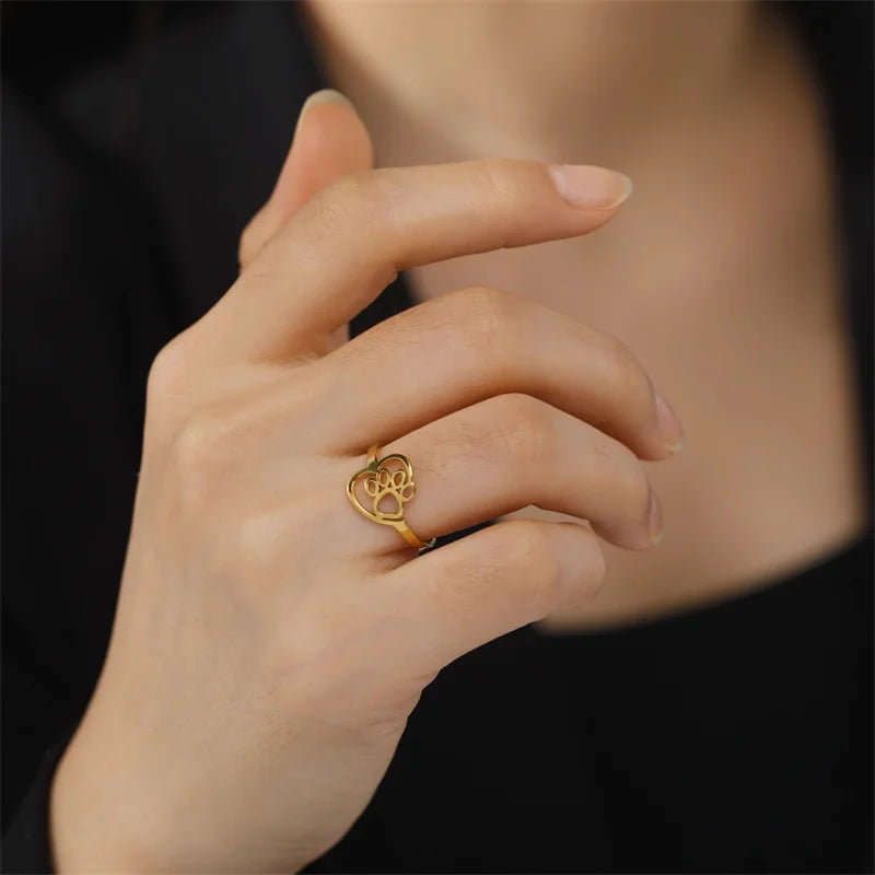 Gold-Tone Paw & Heart Ring ÃƒÂ¢Ã¢â€šÂ¬Ã¢â‚¬Å“ Stainless Steel Jewelry for Pet Lovers