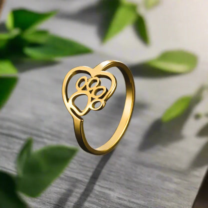 Gold-Tone Paw & Heart Ring ÃƒÂ¢Ã¢â€šÂ¬Ã¢â‚¬Å“ Stainless Steel Jewelry for Pet Lovers