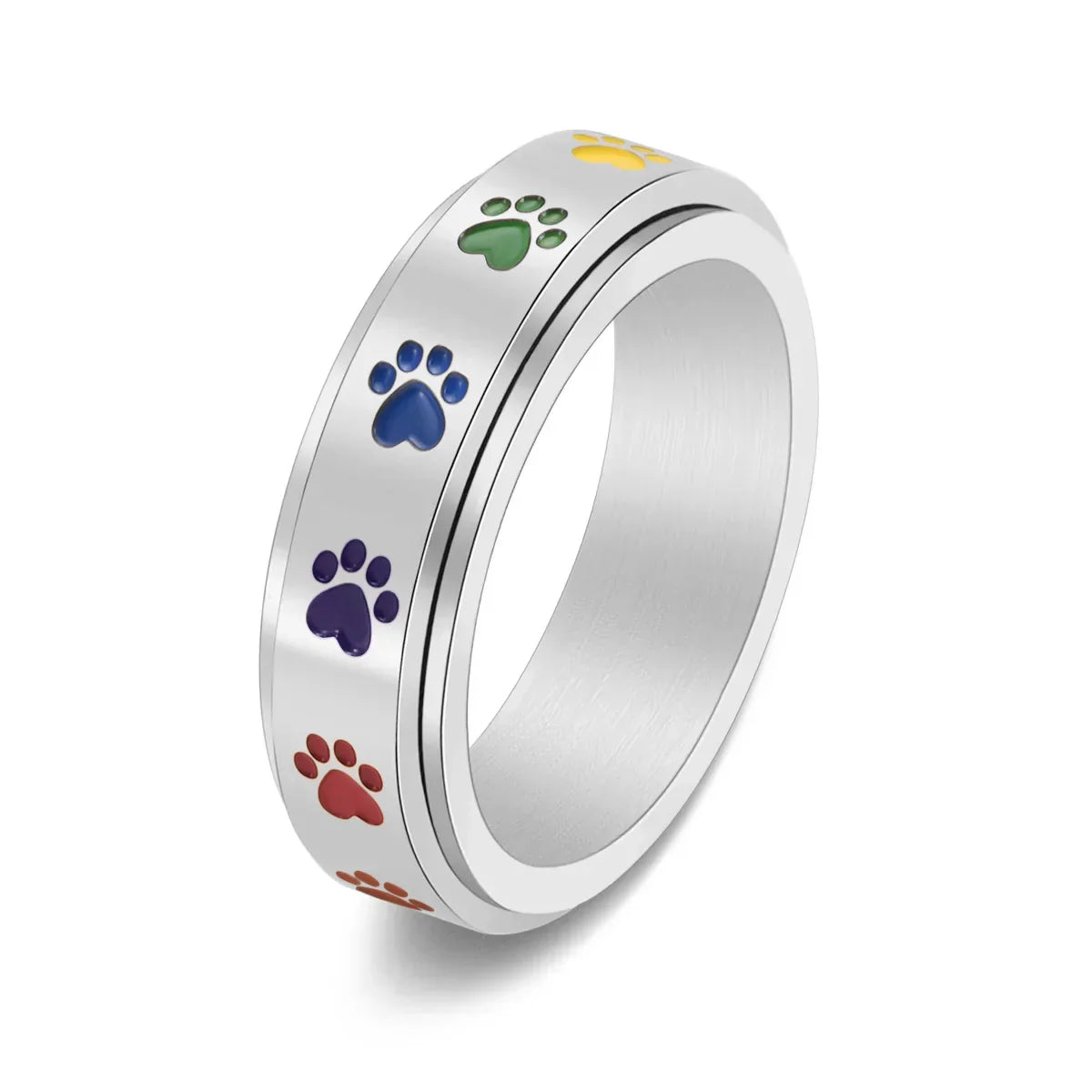 Spinning Stress Reducing Paw Ring ÃƒÂ¢Ã¢â€šÂ¬Ã¢â‚¬Å“ Stainless Steel with Rainbow Paws