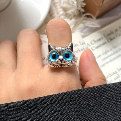 Blue-Eyed Cat Ring Ã¢â‚¬â€œ Playful Vintage Silver Animal Ring for Cat Lovers