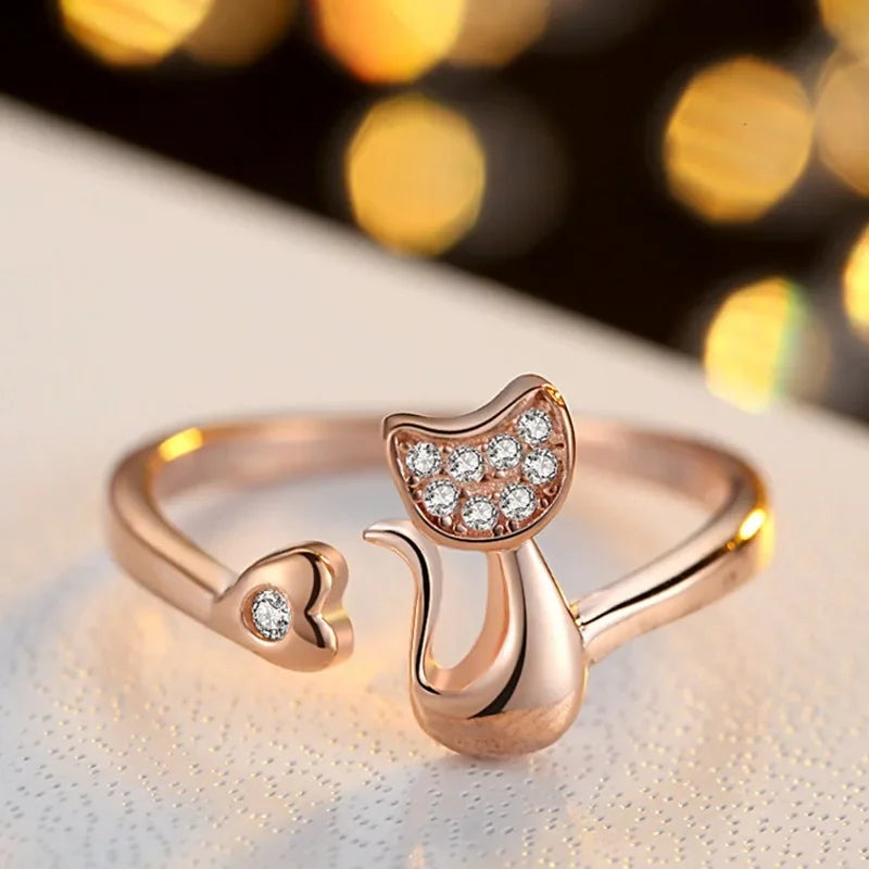 Cute Cat Open Ring ÃƒÂ¢Ã¢â€šÂ¬Ã¢â‚¬Å“ Cubic Zirconia