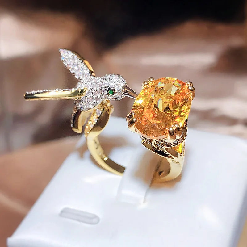 Adjustable Hummingbird Gemstone Ring ÃƒÂ¢Ã¢â€šÂ¬Ã¢â‚¬Å“ Zircon, 14K Gold Plated