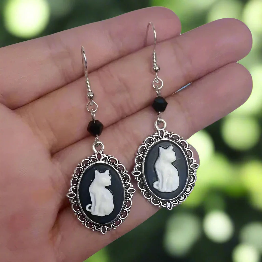 Vintage White Cat Drop Earrings Ã¢â‚¬â€œ Silver Frame Jewelry for Women