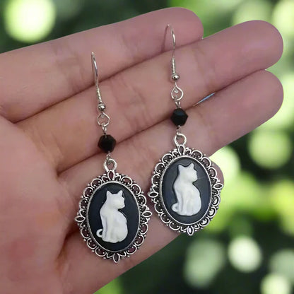 Vintage White Cat Drop Earrings Ã¢â‚¬â€œ Silver Frame Jewelry for Women