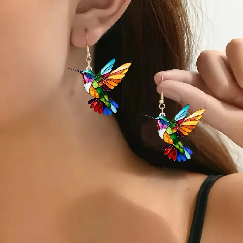 Acrylic Hummingbird Dangle Earrings Ã¢â‚¬â€œ Bright 2D Bird Design