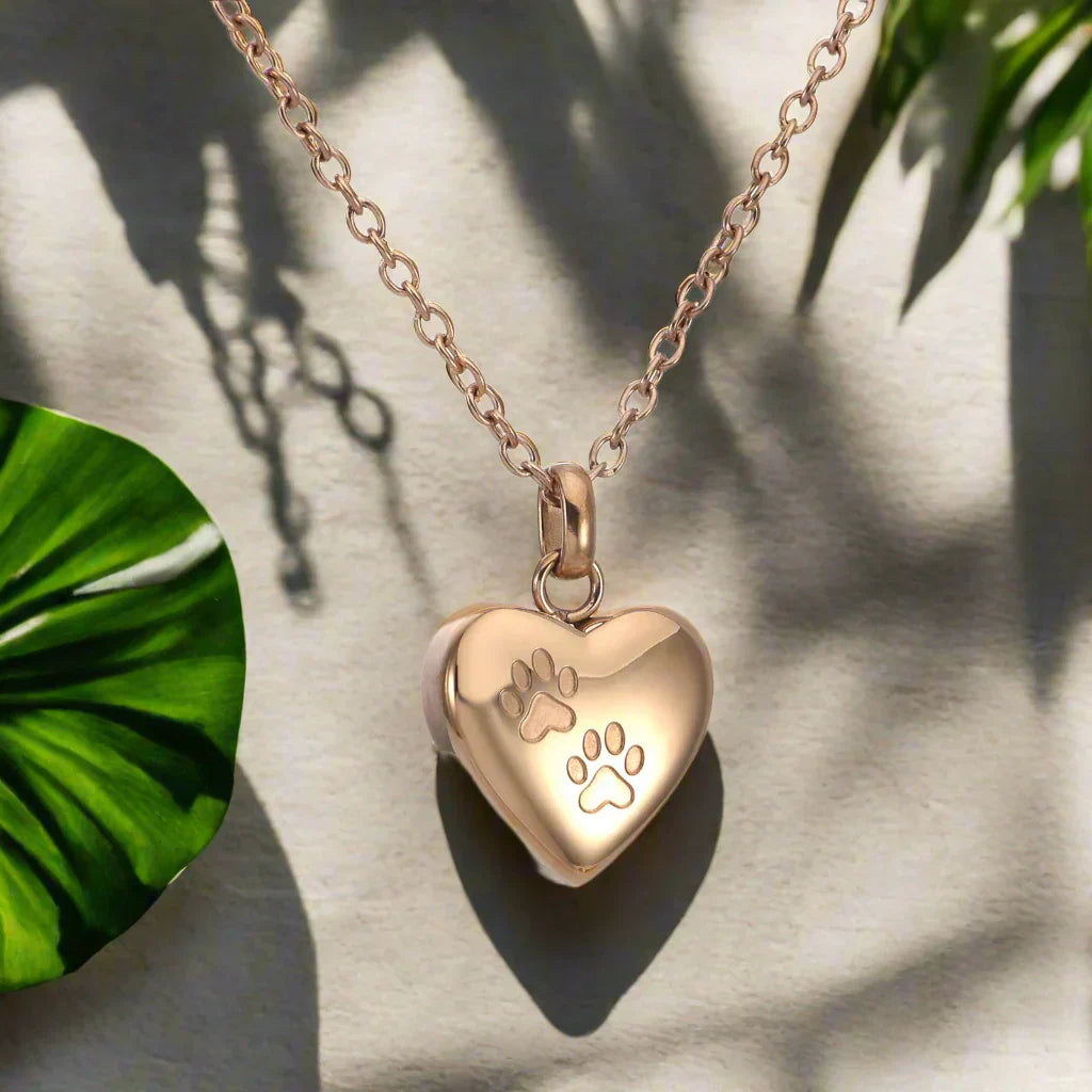 Pet Memorial Urn Necklace ÃƒÂ¢Ã¢â€šÂ¬Ã¢â‚¬Å“ Heart-Shaped Pendant with Paw Engraving