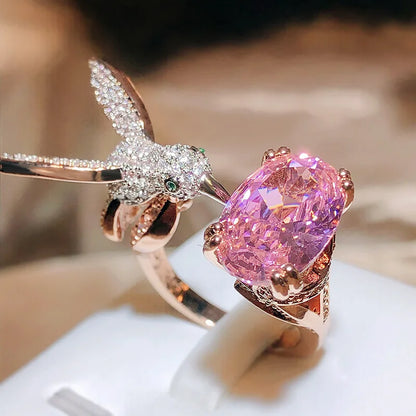 Adjustable Hummingbird Gemstone Ring ÃƒÂ¢Ã¢â€šÂ¬Ã¢â‚¬Å“ Zircon, 14K Gold Plated