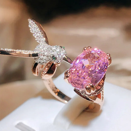Adjustable Hummingbird Gemstone Ring ÃƒÂ¢Ã¢â€šÂ¬Ã¢â‚¬Å“ Zircon, 14K Gold Plated