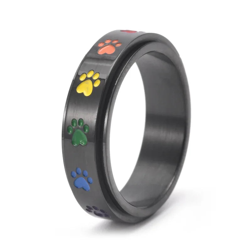 Spinning Stress Reducing Paw Ring ÃƒÂ¢Ã¢â€šÂ¬Ã¢â‚¬Å“ Stainless Steel with Rainbow Paws