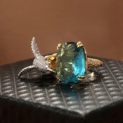 Adjustable Aquamarine-Color Hummingbird Ring ÃƒÂ¢Ã¢â€šÂ¬Ã¢â‚¬Å“ 14K Gold Plated