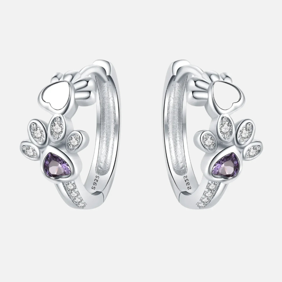 Paw Huggie Earrings in 925 Sterling Silver Ã¢â‚¬â€œ With Zirconia and Heart Gem