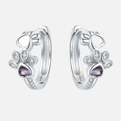 Paw Huggie Earrings in 925 Sterling Silver Ã¢â‚¬â€œ With Zirconia and Heart Gem