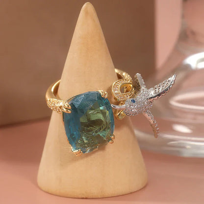 Adjustable Aquamarine-Color Hummingbird Ring ÃƒÂ¢Ã¢â€šÂ¬Ã¢â‚¬Å“ 14K Gold Plated