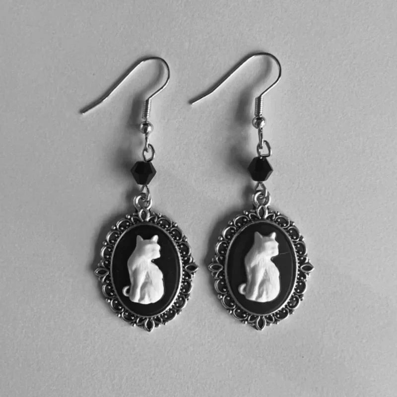 Vintage White Cat Drop Earrings Ã¢â‚¬â€œ Silver Frame Jewelry for Women
