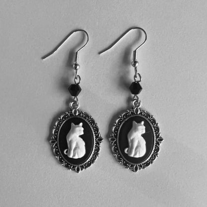 Vintage White Cat Drop Earrings Ã¢â‚¬â€œ Silver Frame Jewelry for Women